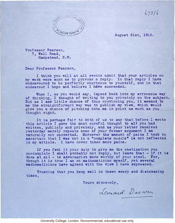 L. Darwin letter to K. Pearson about argument over publications (8/31/1916)