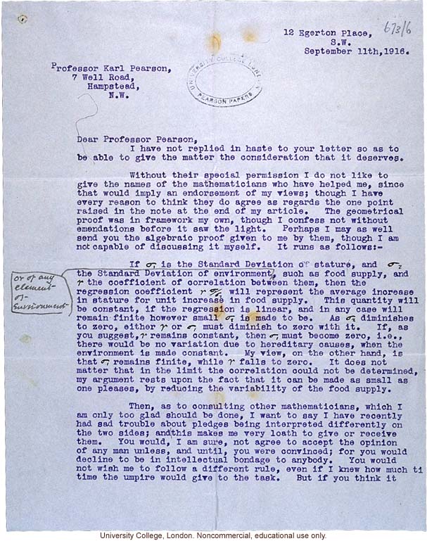 Leonard Darwin letter to Karl Pearson about disagreement over a mathematical realtionship between stature and environment (9/11/1916)