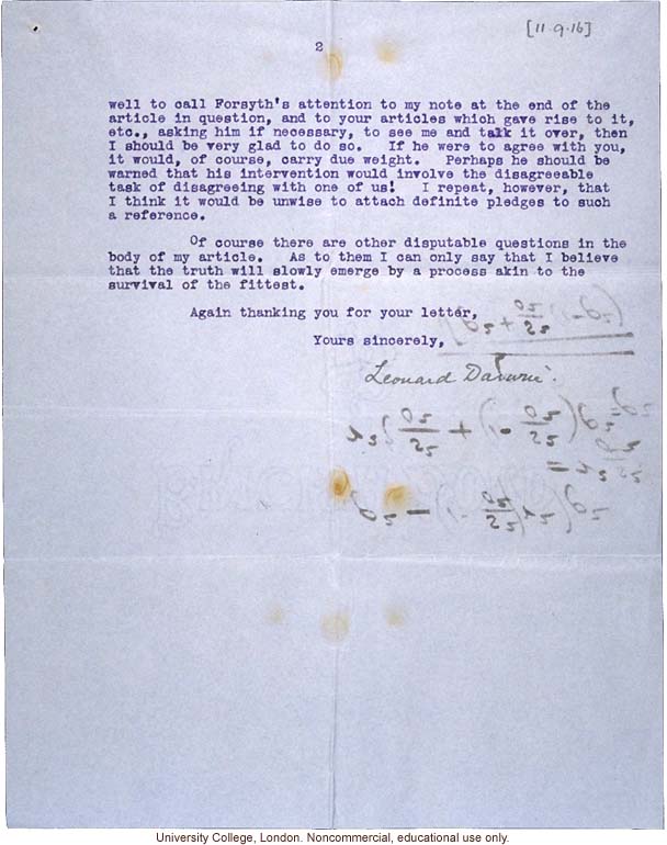 Leonard Darwin letter to Karl Pearson about disagreement over a mathematical realtionship between stature and environment (9/11/1916)