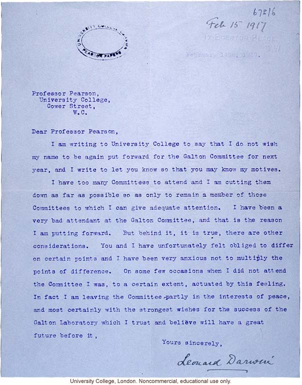 Leonard Darwin letter to Karl Pearson resigning from Galton Committee to maintain peace in the face of their ongoing disagreements (2/15/1917)