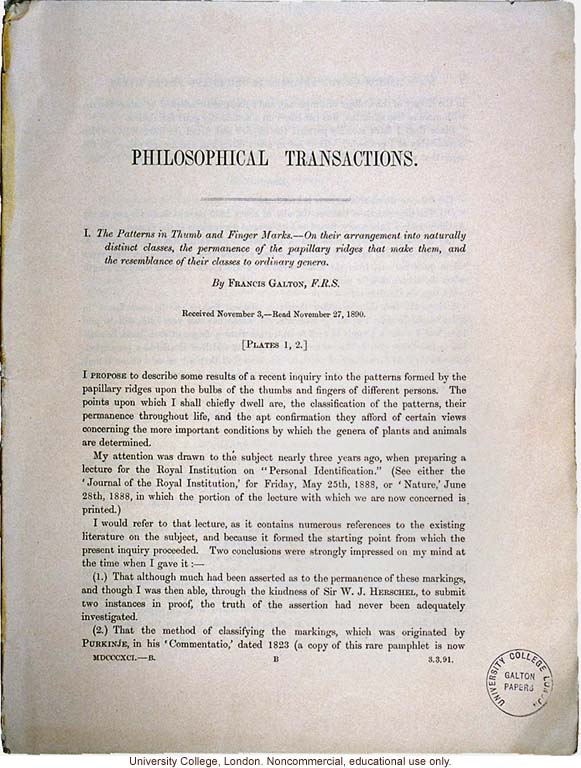 &quote;The Patterns in Thumb and Finger Marks,&quote; by Francis Galton, <i>Phil. Trans. Royal Society</i> (vol. 182), selected pages