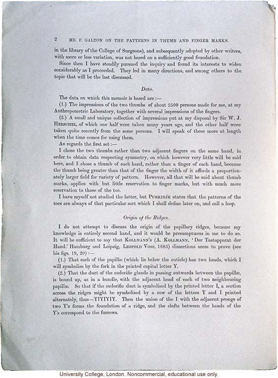 &quote;The Patterns in Thumb and Finger Marks,&quote; by Francis Galton, <i>Phil. Trans. Royal Society</i> (vol. 182), selected pages