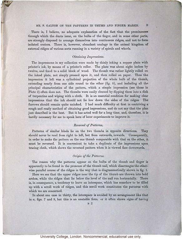 &quote;The Patterns in Thumb and Finger Marks,&quote; by Francis Galton, <i>Phil. Trans. Royal Society</i> (vol. 182), selected pages