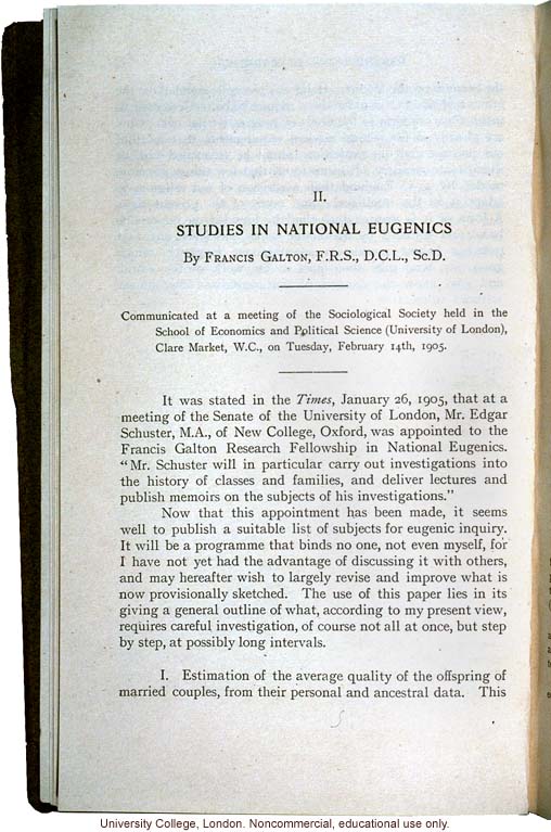 &quote;Studies in National Eugenics,&quote; by Francis Galton, subjects for eugenics inquiry communicated at meeting of Sociological Society (2/14/1905)