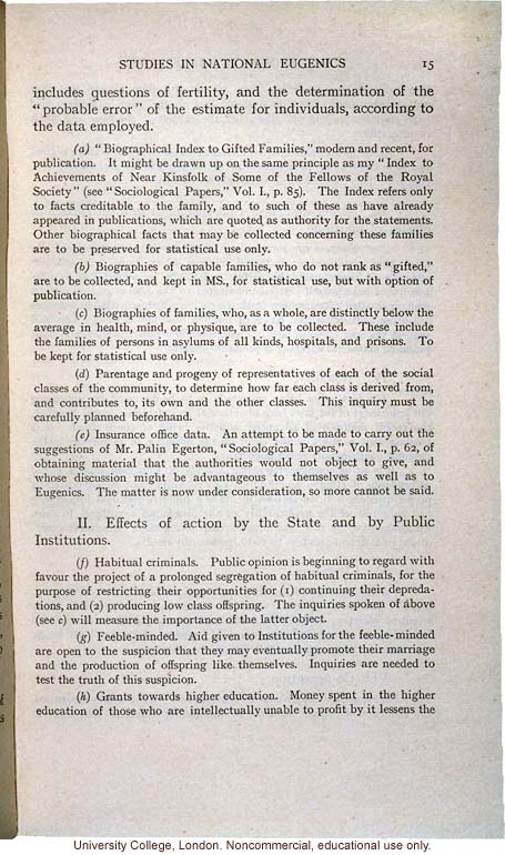 &quote;Studies in National Eugenics,&quote; by Francis Galton, subjects for eugenics inquiry communicated at meeting of Sociological Society (2/14/1905)