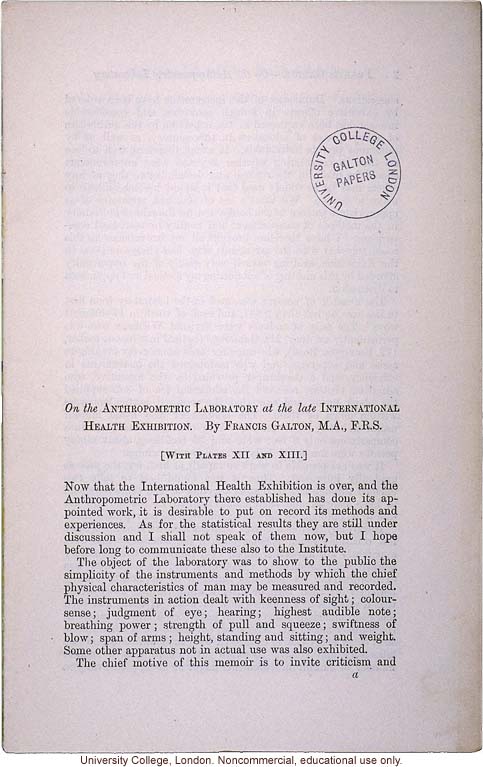 &quote;On the Anthropometric Laboratory at the late International Health Exhibition,&quote; by Francis Galton