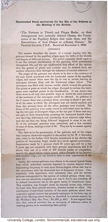 &quote;The Patterns in Thumb and Finger Marks,&quote; by Francis Galton (abstract for Fellows at the meeting of the Royal Society)