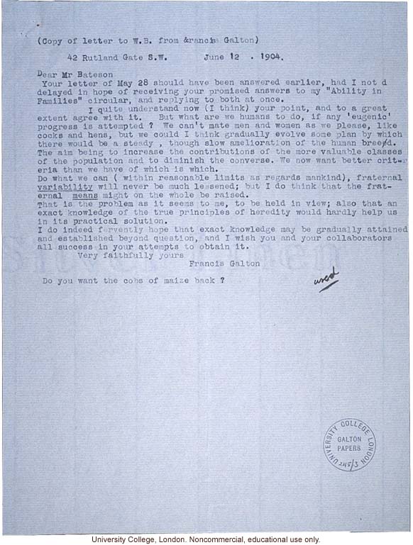 Francis Galton letter to William Bateson, commenting that knowledge of heredity would be of little practical help to eugenics progress (6/12/1904)