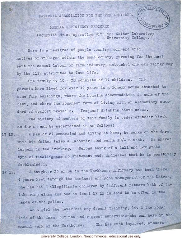 &quote;Mental Deficiency Pedigree,&quote; a multigenerational study of a rural family by the British National Association for the Feebleminded