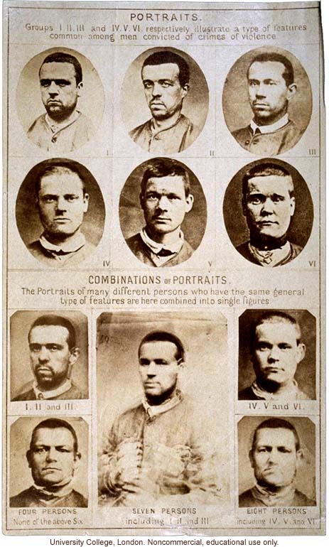 Composite portraits showing &quote;features common among men convicted of crimes of violence,&quote; by Francis Galton, with original photographs