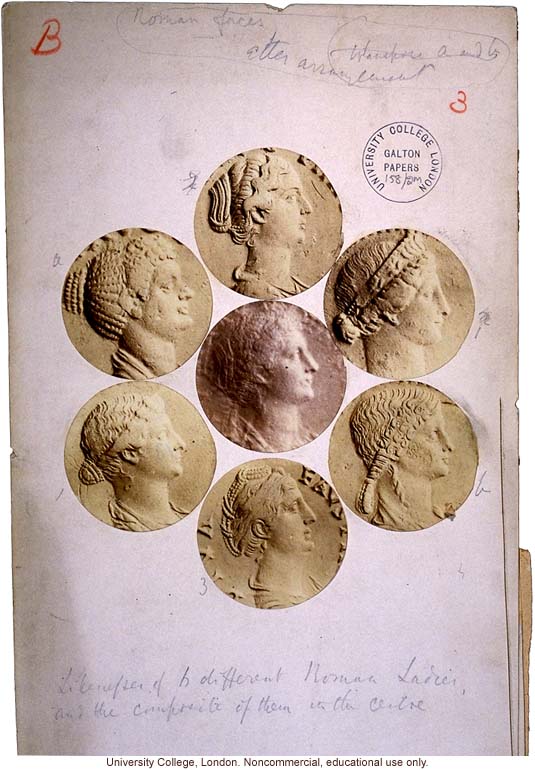 &quote;Likenesses of 6 different Roman Ladies and the composite of them in the centre&quote; (from coins), by Francis Galton