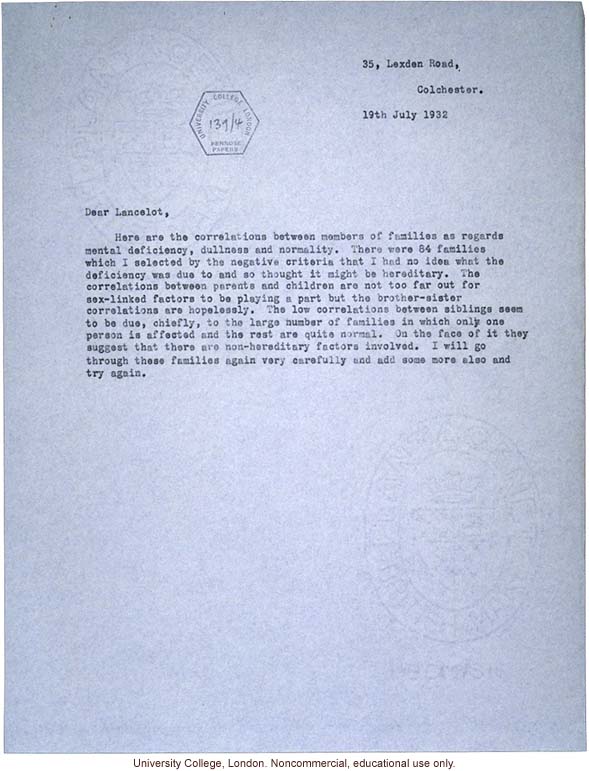 Lionel Penrose letter to Lancelot Hogben about early results from his Colchester survey suggesting non-hereditary factors in mental illness (7/19/32)