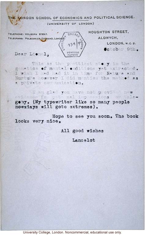 Lancelot Hogben letter to Lionel Penrose congratulating him on his Colchester survey as &quote;prettiest story in genetics of mental conditions&quote;