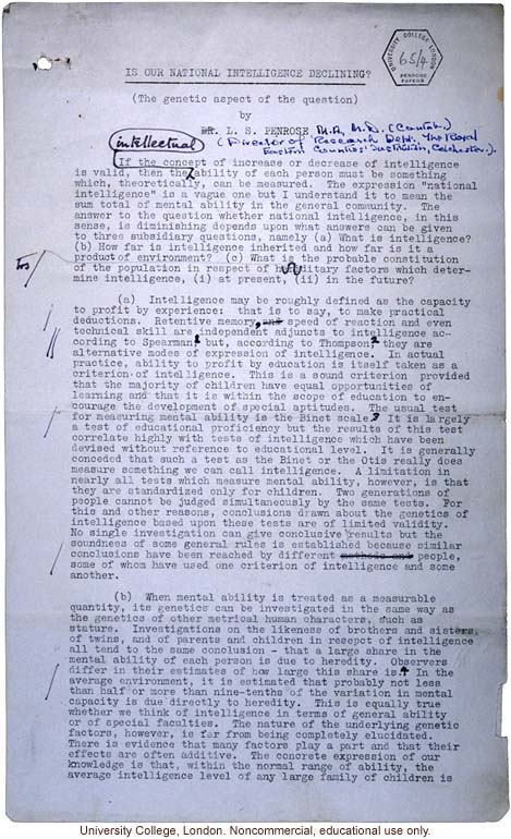 &quote;Is Our National Intelligence Declining?&quote; L.S. Penrose, Opening Session of 5th Biennial Conference on Mental Health (1/12/39)