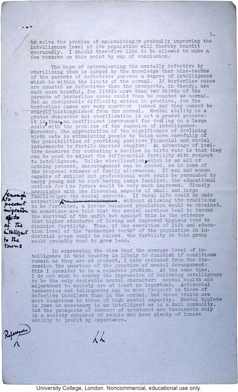 &quote;Is Our National Intelligence Declining?&quote; L.S. Penrose, Opening Session of 5th Biennial Conference on Mental Health (1/12/39)