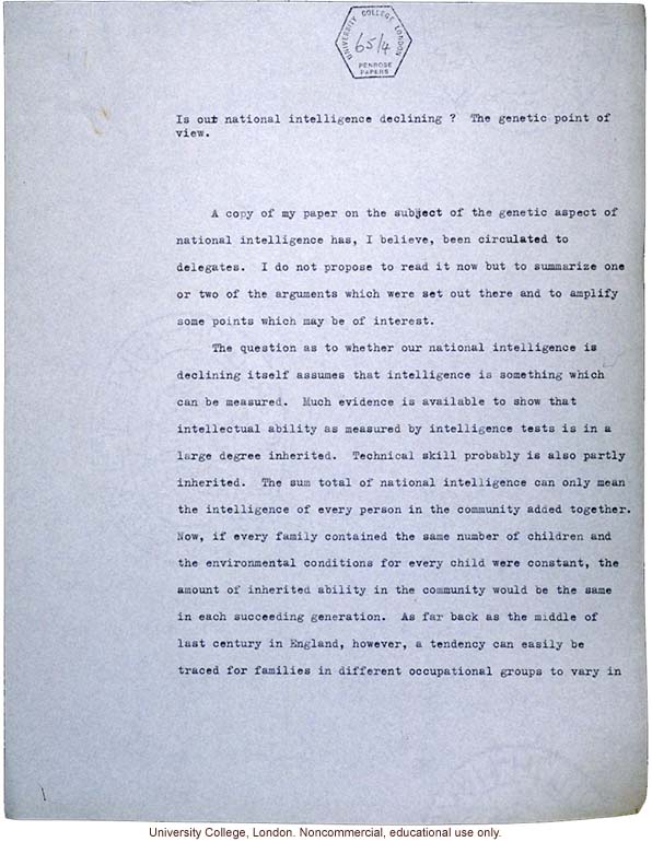 &quote;Is our national intelligence declining? The genetic point of view.&quote; L.S. Penrose