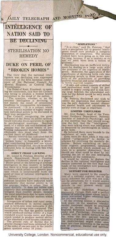 &quote;Intelligence of Nation Said to be Declining: Sterilization No Remedy,&quote; <i>Daily Telegraph and Morning Post</i> (1/13/1939)