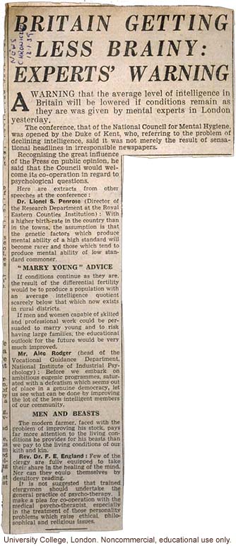 "e;Britain Getting Less Brainy: Experts' Warning,"e; <i>News Chronicle</i> (12/1/1939)