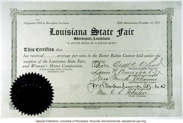 Better Babies Contest award certificate, Louisiana State Fair, Shreveport