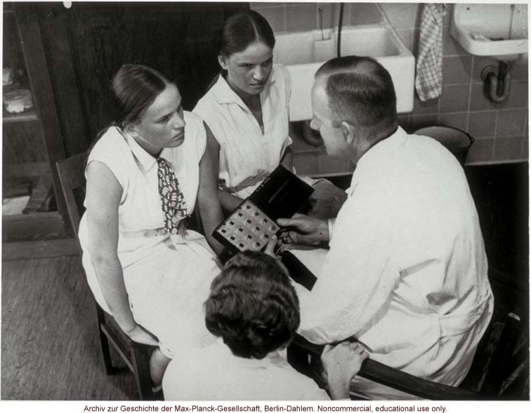 16-year-old female twins undergoing anthropometric study by Otmar Freiherr von Verschuer