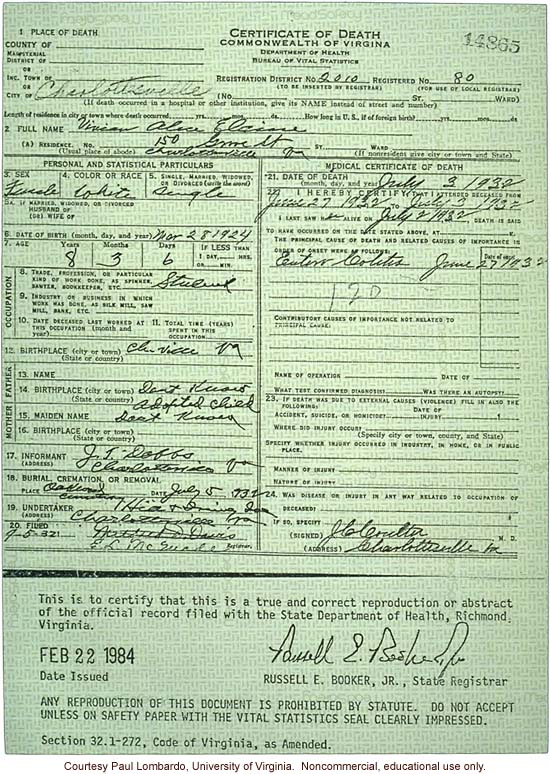 Death certificate of Carrie Buck's daughter, Vivian, who died of &quote;entero colitis&quote; at age 8