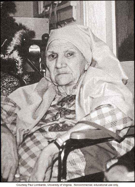 Last photograph of Carrie Buck, taken several weeks before her death, dressed as Mary for the Christmas pageant at the nursing home where she lived