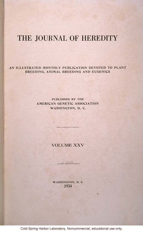 &quote;The Progress of Eugenical Sterilization,&quote; by Paul Popenoe, <i>Journal of Heredity</i> (vol. 25:1), including journal cover and contents page