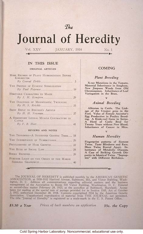 &quote;The Progress of Eugenical Sterilization,&quote; by Paul Popenoe, <i>Journal of Heredity</i> (vol. 25:1), including journal cover and contents page