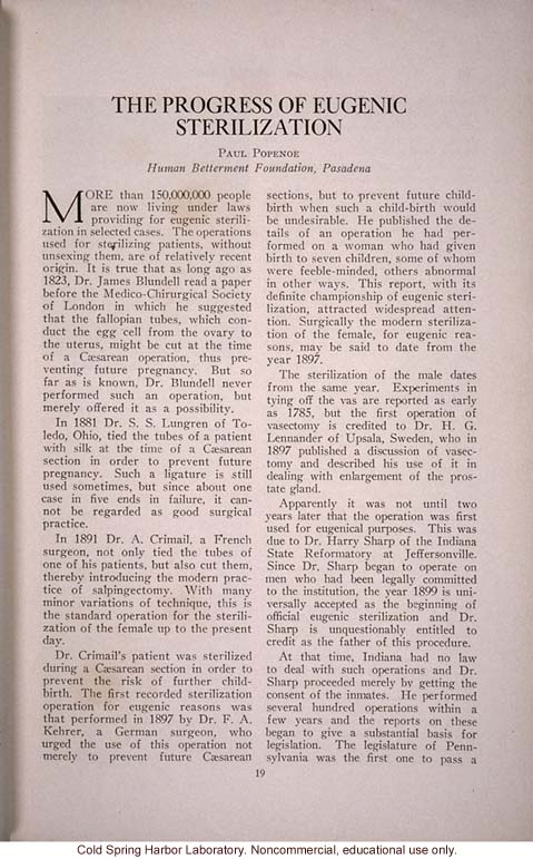 &quote;The Progress of Eugenical Sterilization,&quote; by Paul Popenoe, <i>Journal of Heredity</i> (vol. 25:1), including journal cover and contents page