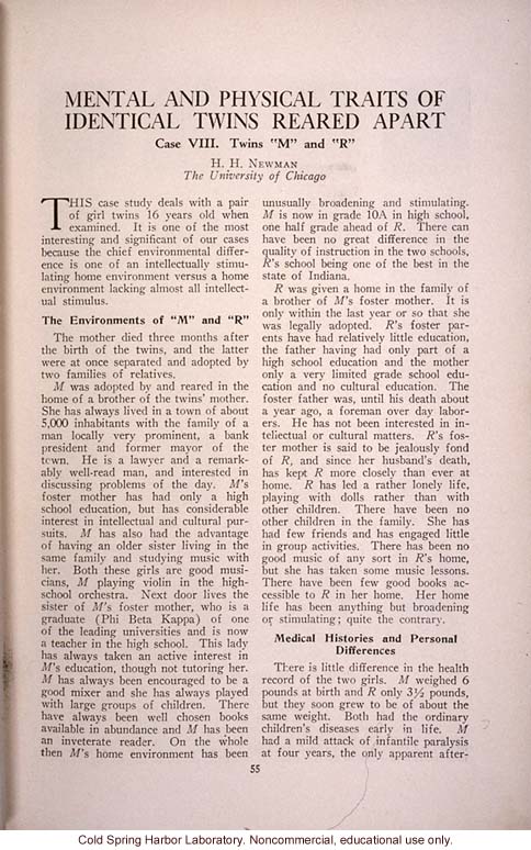 &quote;Mental and Physical Traits of Identical Twins Reared Apart,&quote; by H.H. Newman, <i>Journal of Heredity</i> (vol. 25)