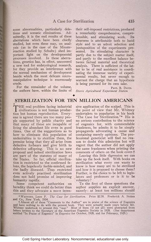 "e;Sterilization for Ten Million Americans,"e; by J.H. Kempton, <i>Journal of Heredity</i> (vol. 25), review of L. Whitney's <i>Case for Sterilization</i>