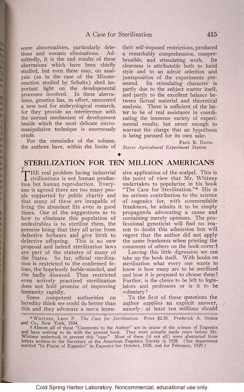 &quote;Sterilization for Ten Million Americans,&quote; by J.H. Kempton, <i>Journal of Heredity</i> (vol. 25), review of L. Whitney's <i>Case for Sterilization</i>