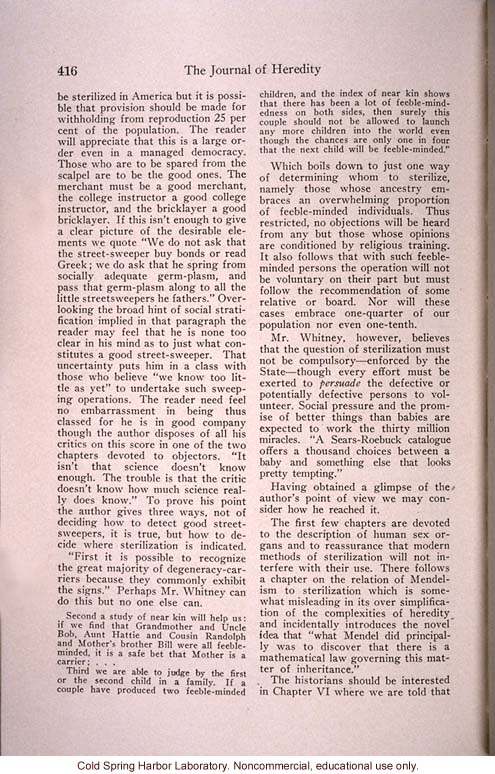 &quote;Sterilization for Ten Million Americans,&quote; by J.H. Kempton, <i>Journal of Heredity</i> (vol. 25), review of L. Whitney's <i>Case for Sterilization</i>