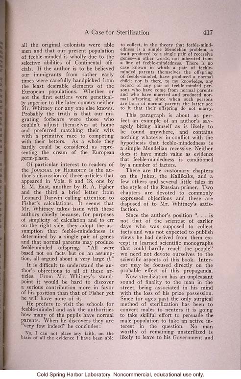 &quote;Sterilization for Ten Million Americans,&quote; by J.H. Kempton, <i>Journal of Heredity</i> (vol. 25), review of L. Whitney's <i>Case for Sterilization</i>