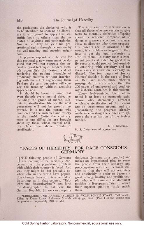 &quote;Sterilization for Ten Million Americans,&quote; by J.H. Kempton, <i>Journal of Heredity</i> (vol. 25), review of L. Whitney's <i>Case for Sterilization</i>