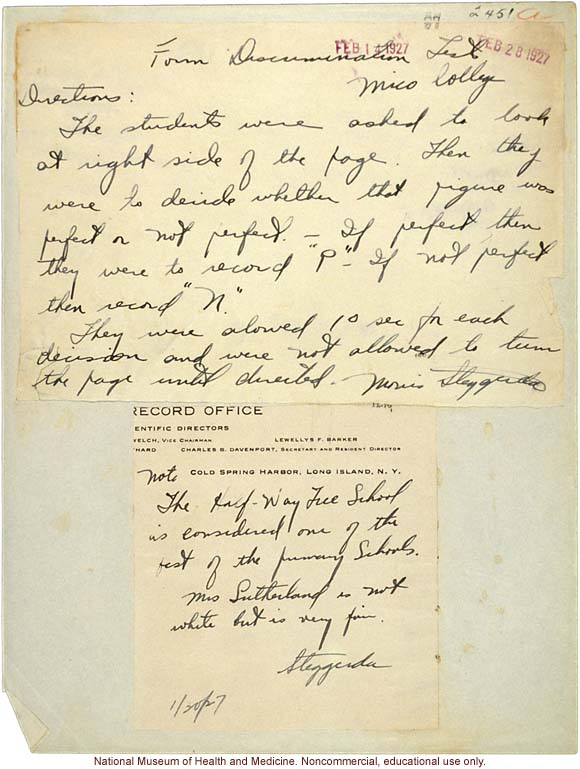 Morris Steggerda's handwritten directions for administering Form Discrimination Tests conducted at Mico College for <i>Race Crossing in Jamaica</i>C