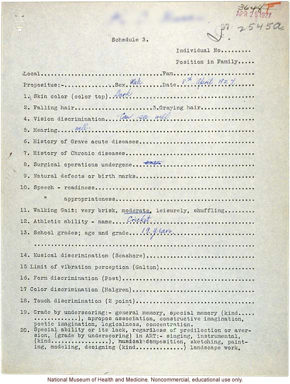 Mico College anthropometric case 1: photos, Schedule 3, notes, drawing test; by Morris Steggerda for <i>Race Crossing in Jamaica</i>