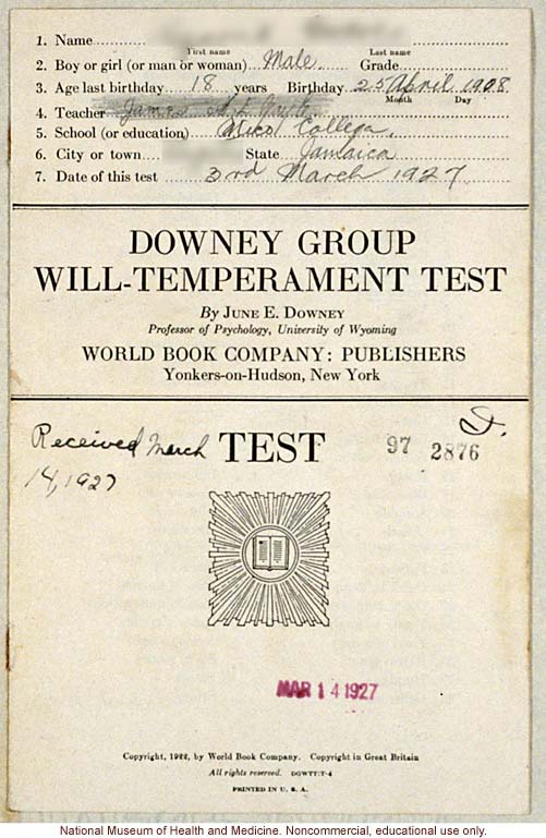 &quote;Downey Group Will-Temperament Test,&quote; Mico College, conducted by Morris Steggerda for <i>Race Crossing in Jamaica</i>