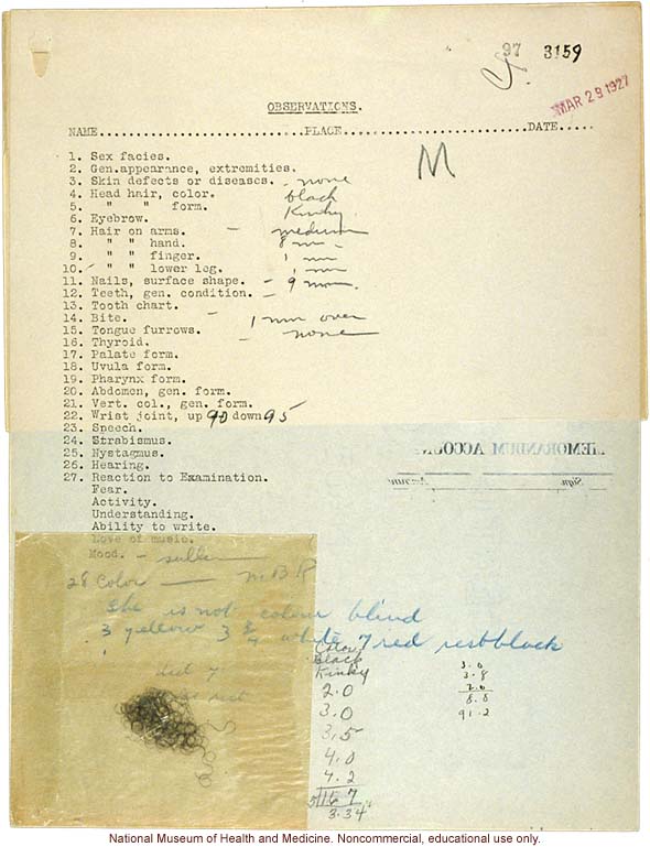 Shortwood College anthropometric case: photos, measurements, fingerprints, hair; by Morris Steggerda for <i>Race Crossing in Jamaica</i>