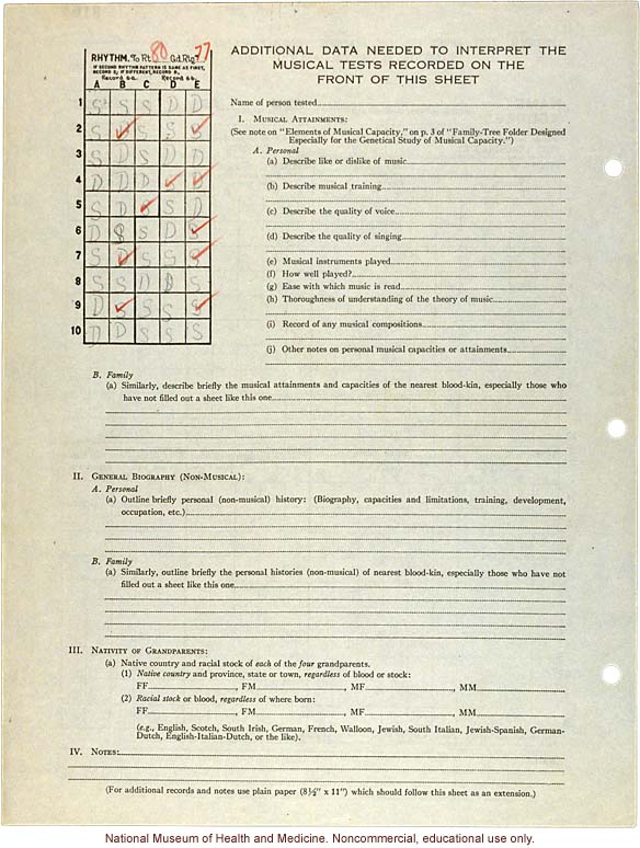 Shortwood College anthropometric case: &quote;Seashore&quote; Measurements of Musical Ability, conducted by Morris Steggerda for <i>Race Crossing in Jamaica</i>