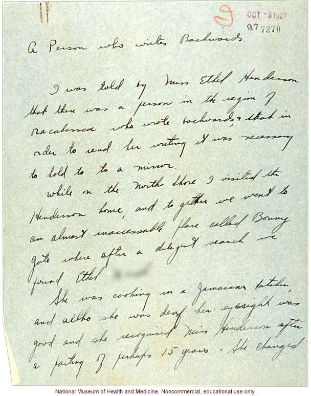 &quote;A Person who writes Backwards,&quote; handwritten report with photo and writing samples, conducted in Jamaica by Morris Steggerda