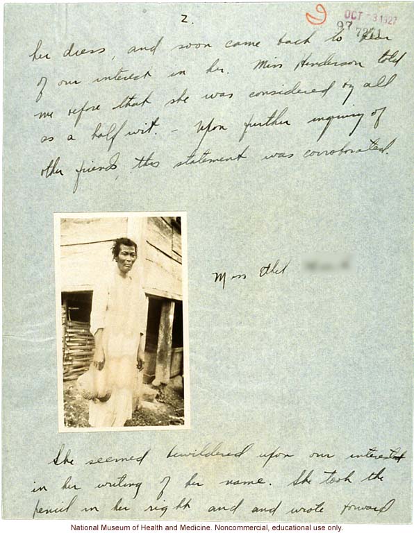 &quote;A Person who writes Backwards,&quote; handwritten report with photo and writing samples, conducted in Jamaica by Morris Steggerda