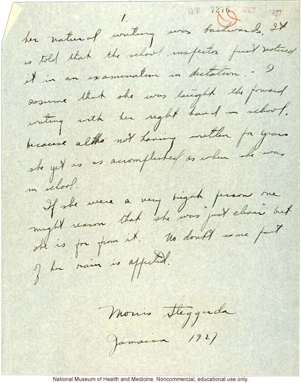 &quote;A Person who writes Backwards,&quote; handwritten report with photo and writing samples, conducted in Jamaica by Morris Steggerda