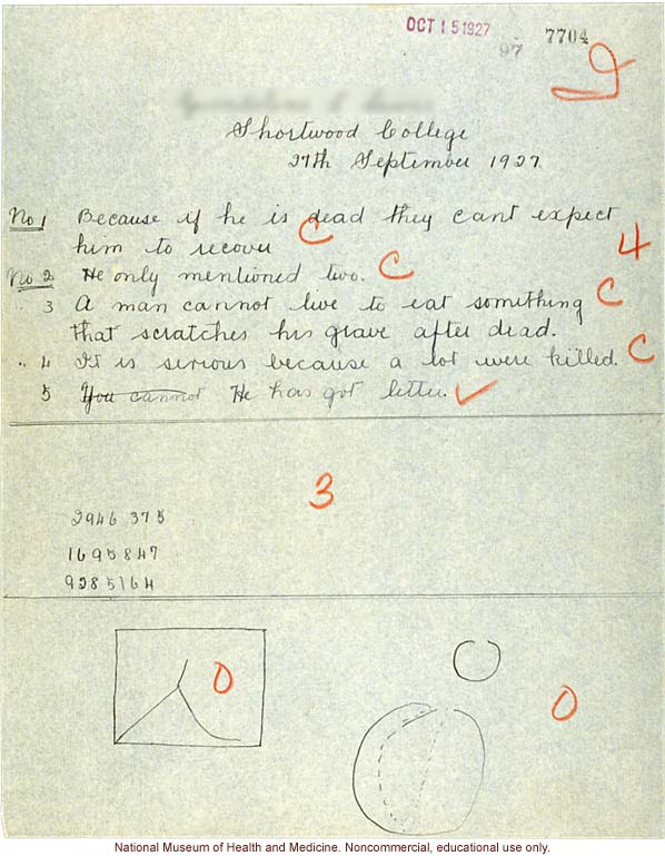 Shortwood College anthropometric case: Binet Test, conducted by Morris Steggerda for <i>Race Crossing in Jamaica</i>