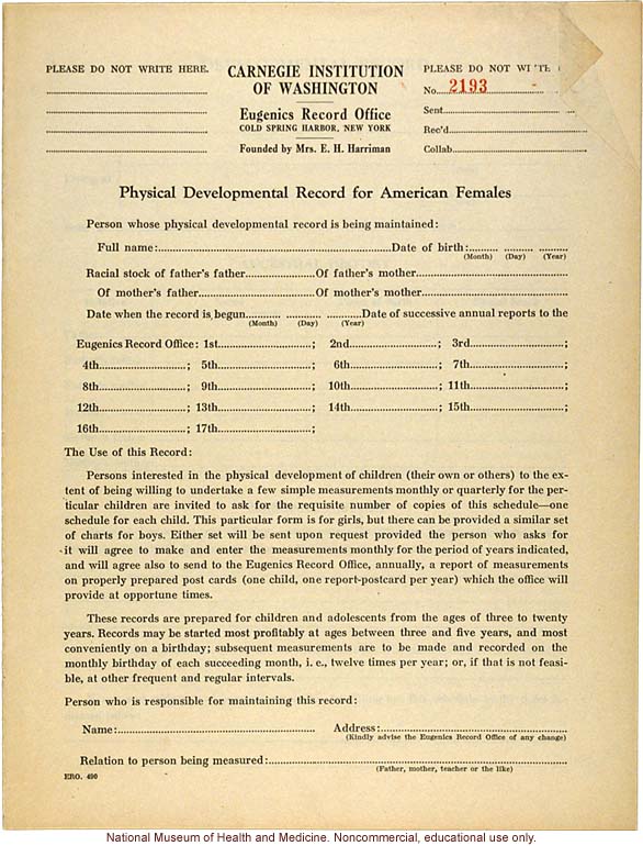 &quote;Physical Development Record for American Females,&quote; Eugenics Record Office (including forms, directions, and growth graphs)