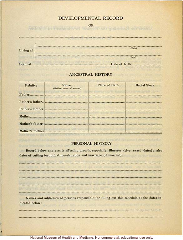 &quote;Physical Development Record for American Females,&quote; Eugenics Record Office (including forms, directions, and growth graphs)