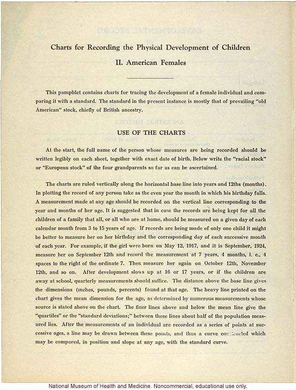 &quote;Physical Development Record for American Females,&quote; Eugenics Record Office (including forms, directions, and growth graphs)