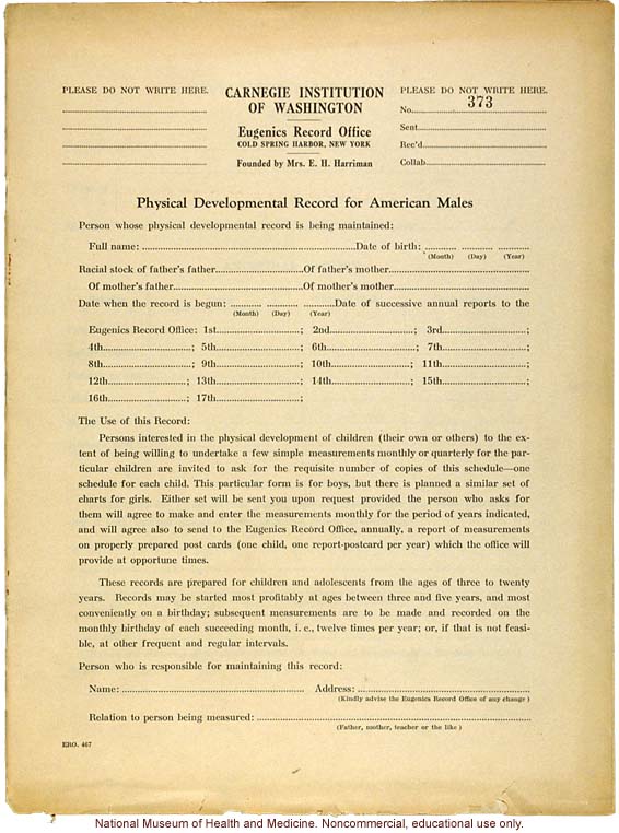 &quote;Physical Development Record for American Males,&quote; Eugenics Record Office (including forms, directions, and growth graphs)