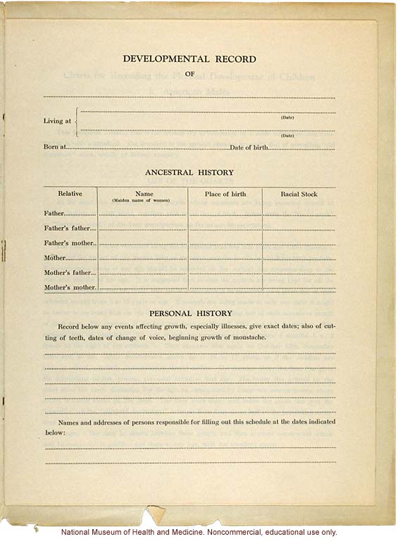 &quote;Physical Development Record for American Males,&quote; Eugenics Record Office (including forms, directions, and growth graphs)