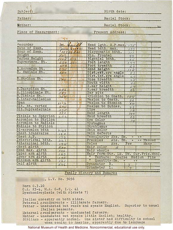 Anthropometry of Dwarves at Letchworth Village for the Feebleminded and Epileptic (measurements, family histories, dental charts, and photographs)